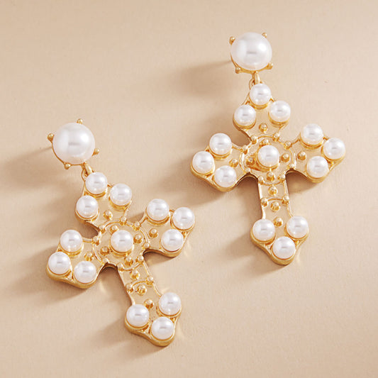 Pearl Embellished Cross Dangle Earrings