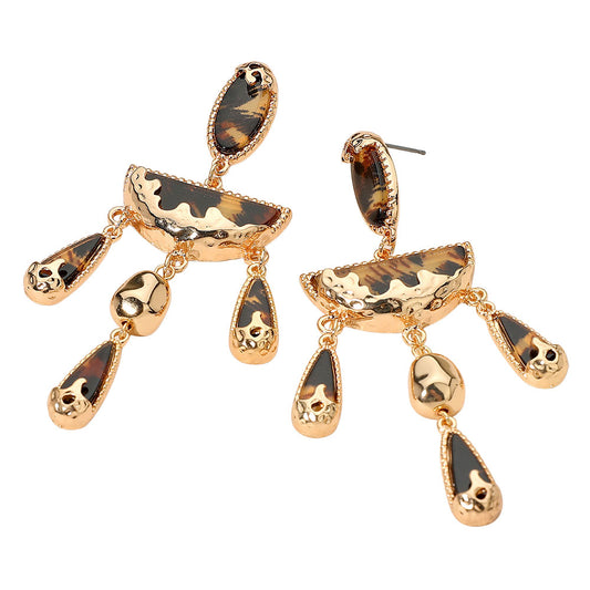 Bold Geometric Drop Earrings - Gold/ Leopard