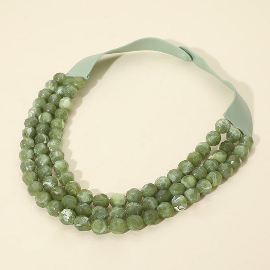 Faceted Beaded Triple Layered Magnetic Collar Necklace - Olive Green