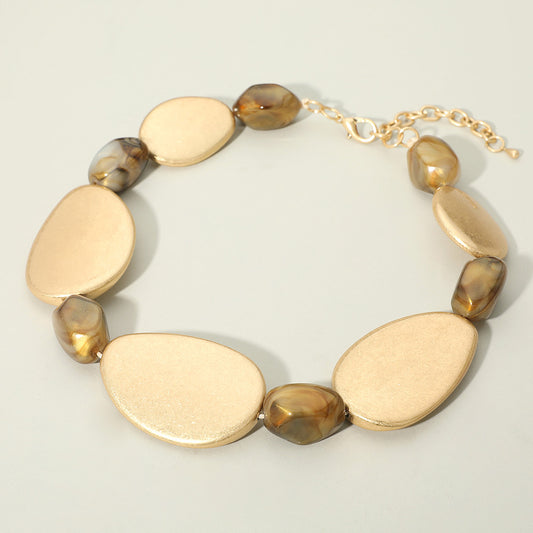 Bold Brushed Metal Plate Marbled Pebble Beaded Statement Necklace