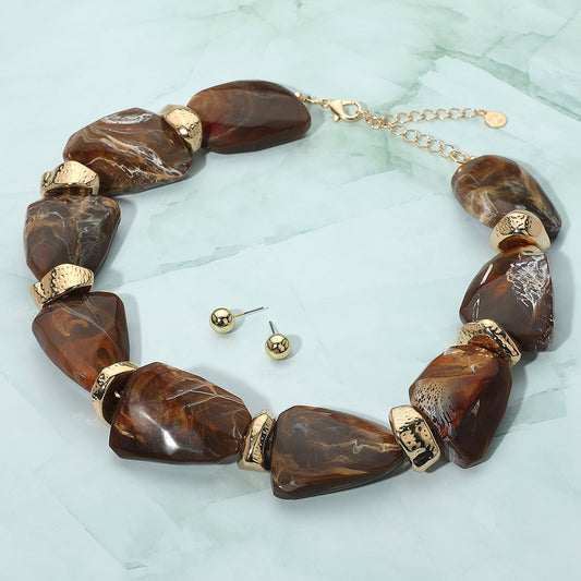 Chunky Abstract Marbled Stone Beaded Statement Necklace