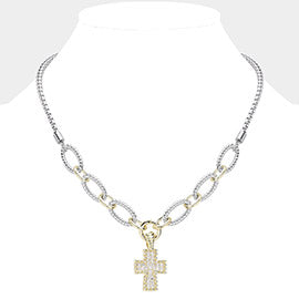 14K Gold Plated Two Tone CZ Stone Paved Cross Pendant Necklace