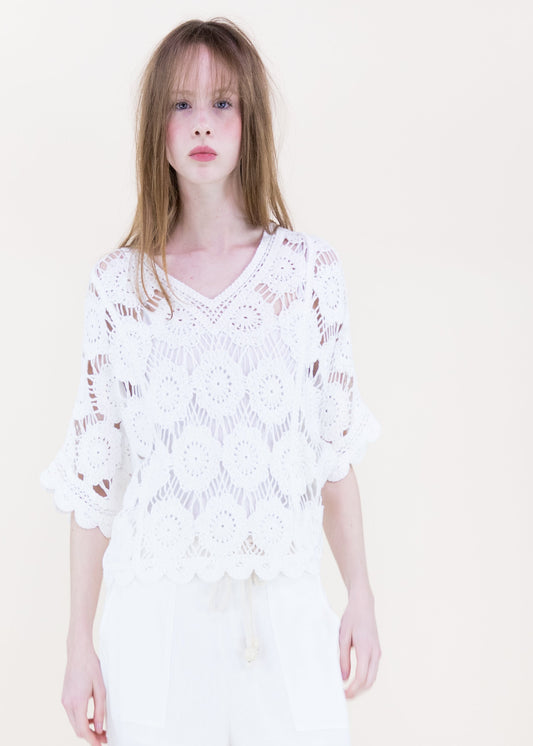 SEASIDE FLOWER CROCHET BATWING TOP - WHITE/ONE SIZE