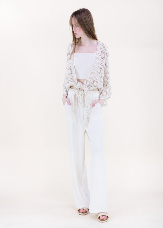 SUNBURST TILE FRONT TIE KIMONO SLEEVE CROCHET TOP - BEIGE