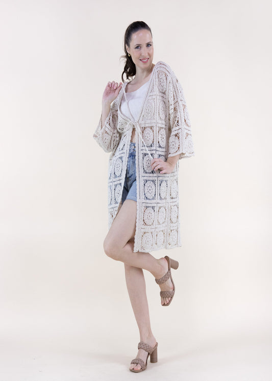COTTON MEDALION SQUARES CROCHET FRONT TIE CARDIGAN - BEIGE