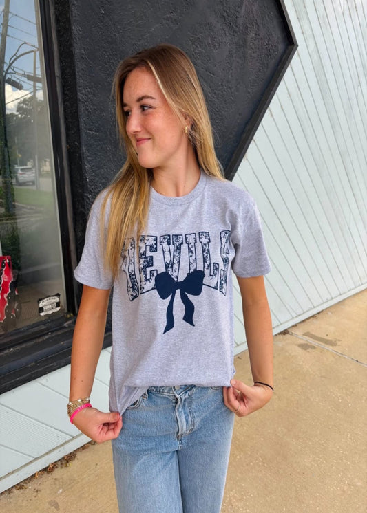 FLORAL BOW DEVILS ADULT TSHIRT - GREY