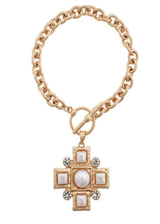 CROSS PEARL CHARM BRACELET - WORN GOLD/CREAM