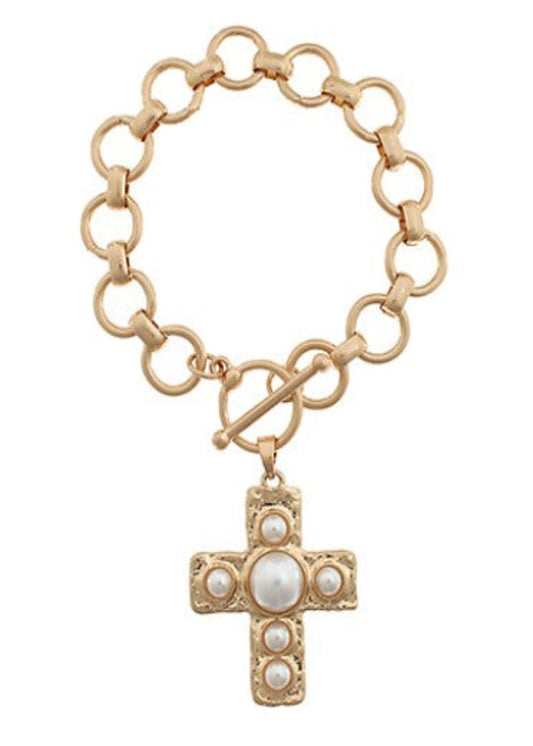 CROSS PEARL CHARM BRAC - CREAM/ GOLD