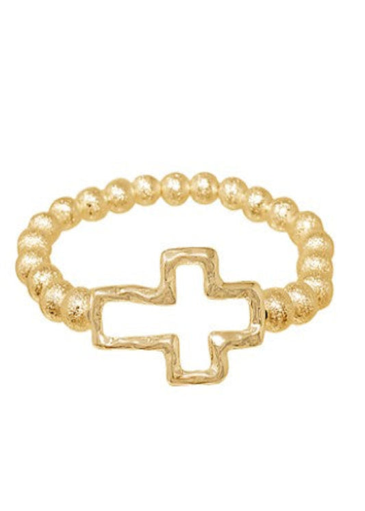 CROSS & TEXTURED METAL BALL BRACELET-GOLD