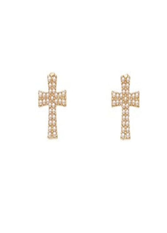 PAVE PEARL CROSS STUD EARRINGS