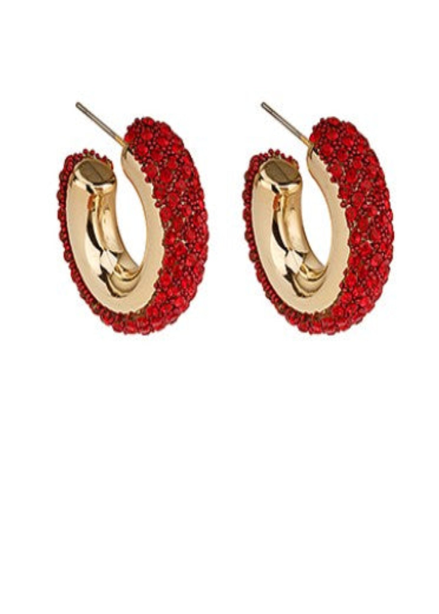 PAVE CRYSTAL HOOP EARRINGS - RED AND GOLD