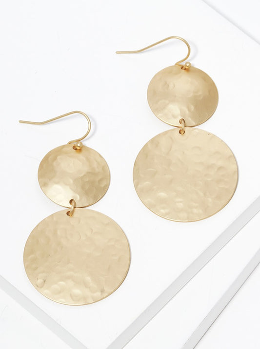 Hammered metal double round fish hook dangle drop earrings