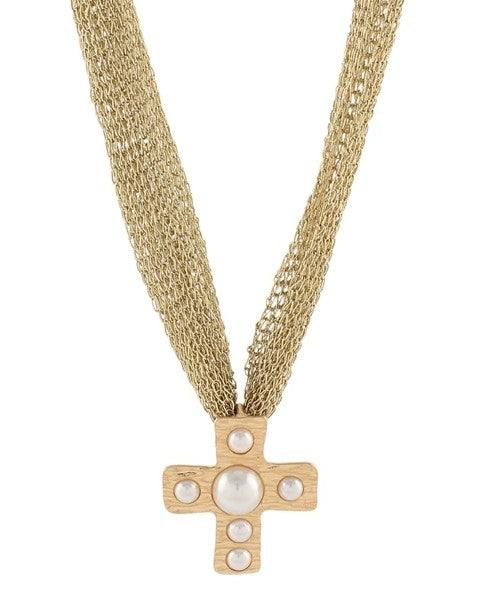CROSS PENDANT MESH PEARL NECKLACE
