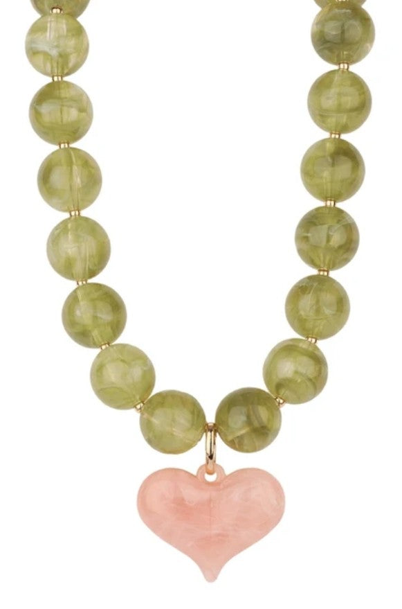 PUFFY HEART & MARBLE NECKLACE - OLIVE & LIGHT PINK