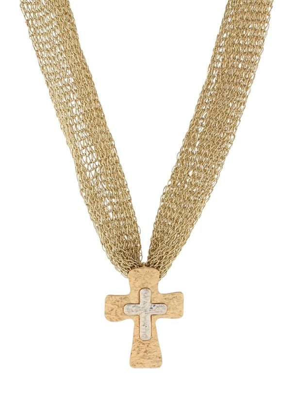 BYZANTINE TWOTONE CROSS MESH NECKLACE