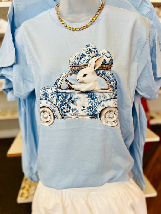 BUNNY IN BLUE AND WHITE CAR - LIGHT BLUE