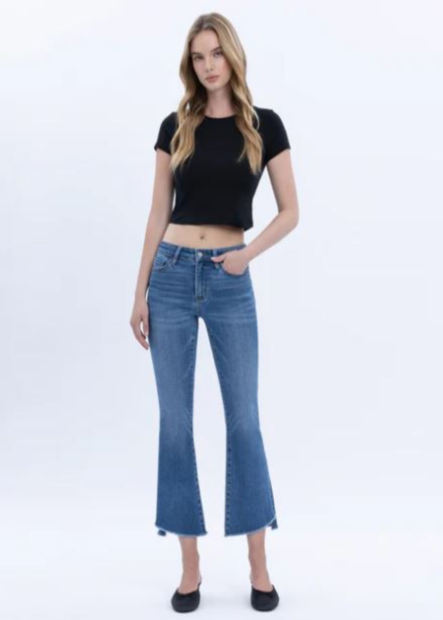 MID RISE CROP FLARE JEANS