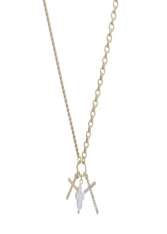Gold Jump Ring with Gold Cross, Pearl Cross, Crystal Cross Necklace