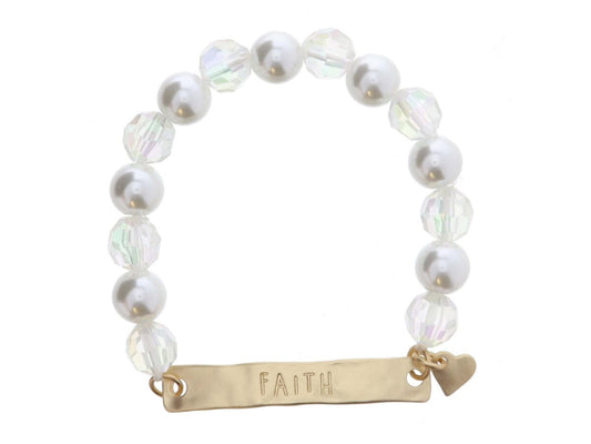 Kids Pearl and Iridescent Beaded with Gold "FAITH" Bar and Heart Charm Bracelet, .25", .25" Pendant