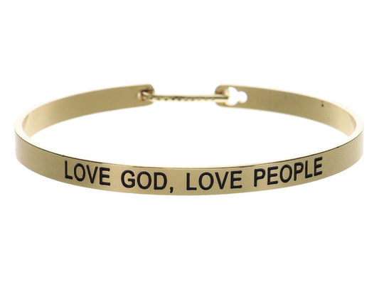 Thin Gold Bangle with "LOVE GOD, LOVE PEOPLE" and Crystal Pave Latch Bracelet