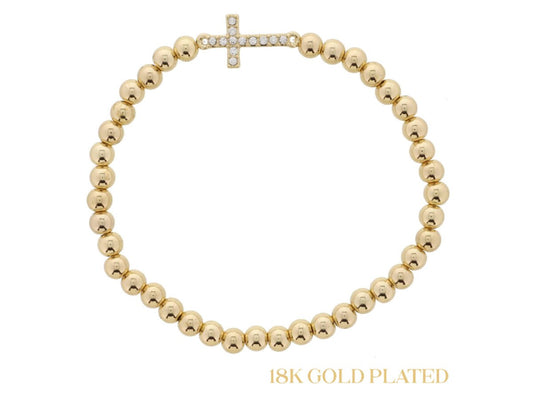 18K Gold Plated Gold Ball Beaded with Sideways Crystal Cross Bracelet