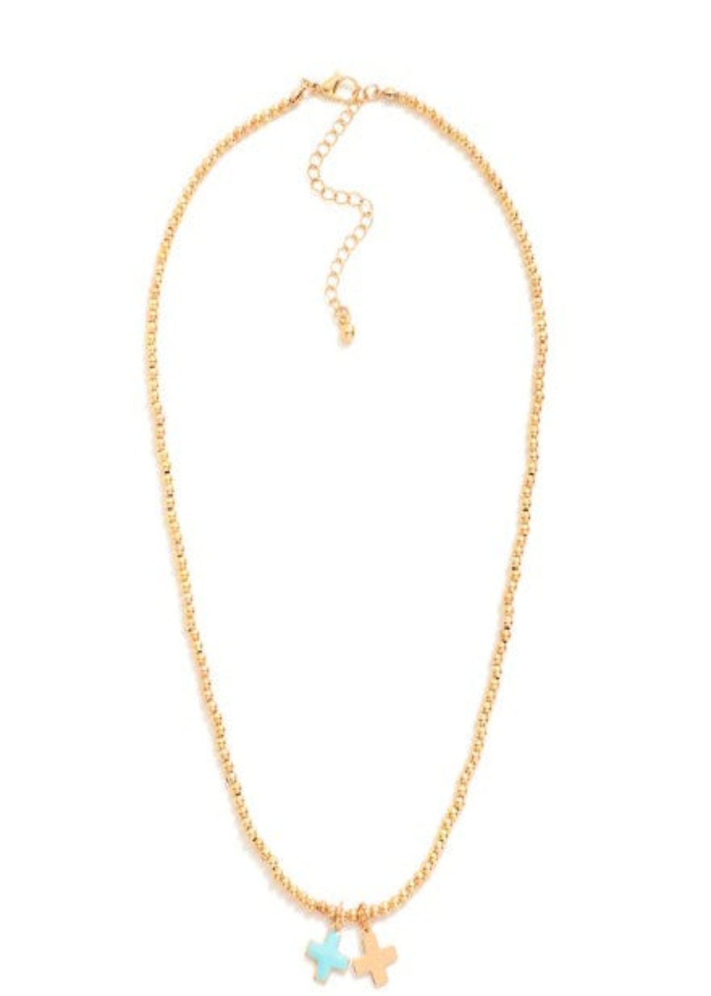 Metal Tone Beaded Necklace Featuring Enamel Plus Cross Pendants: Aqua