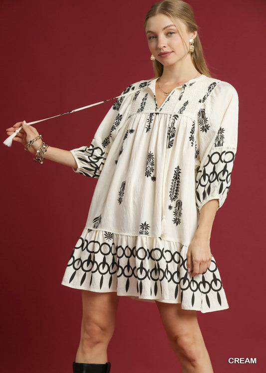 TATUM BOARDER PRINT TASSEL DRESS-CREAM