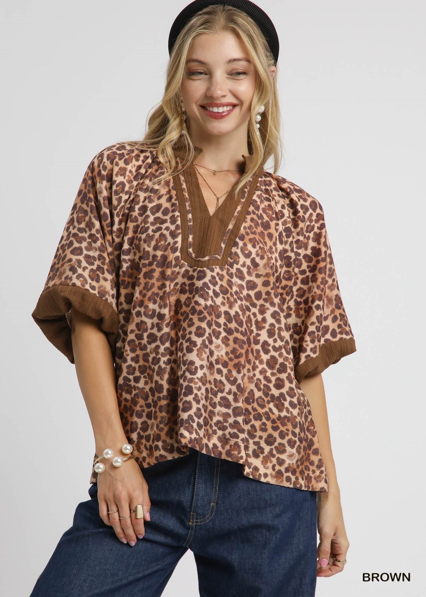 Leopard Print Pleated Sleeve Blouse-grey
