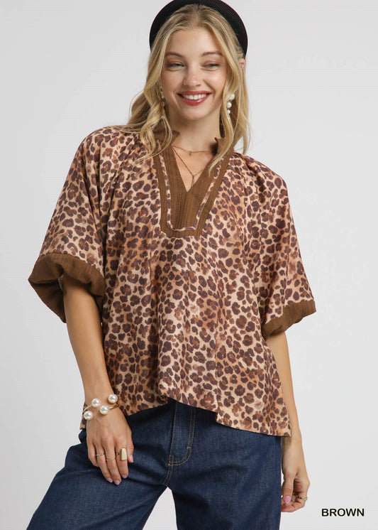 Leopard Print Pleated Sleeve Blouse-grey
