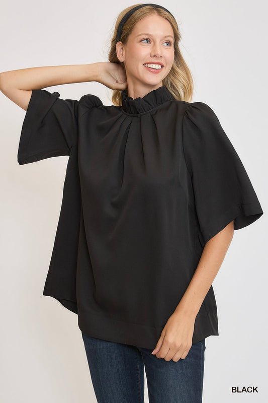 AVA RUFFLE NECK TOP WITH BACK BOW TIE-BLACK