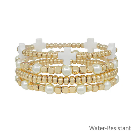 Water Resistant Set of 4 Gold and Pearl Textured Beaded and White Crosses Stretch Bracelets