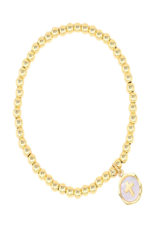 Waterproof Stainless-Steel 4mm Gold Bead with Mother of Pearl and Gold Cross Charm Stretch Bracelet