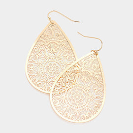 Filigree Brass Metal Teardrop Dangle Earrings-gold