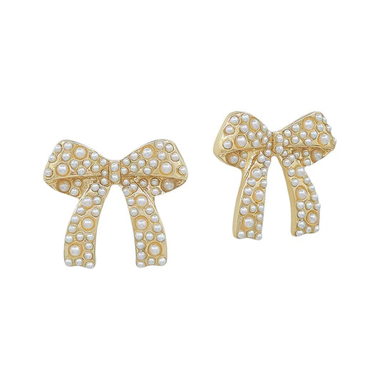 Gold Metal Bow with Pearl Accents .75" Earring