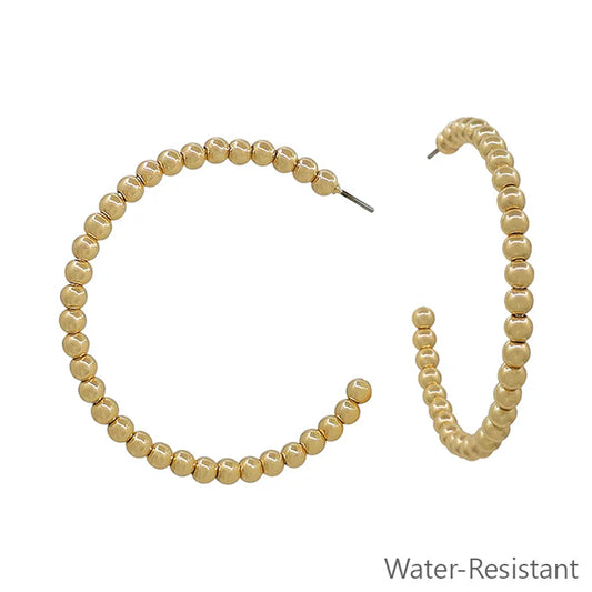 Water Resistant 2" 4MM Gold Beaded Hoop Earring