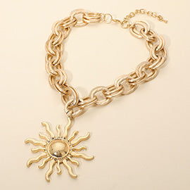 Radiant Sun Pendant Bold Chain Statement Necklace