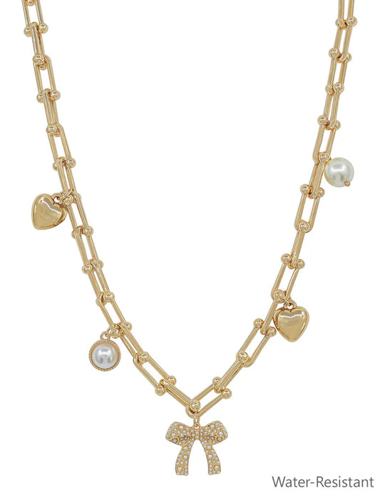 Water Resistant Gold Chain with Bow, Pearl, and Heart 16"-18" Necklace