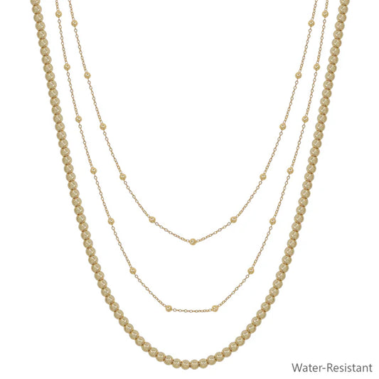 Water Resistant Triple Layered Thin Gold Chain with Beaded Layer 16"-18" Necklace