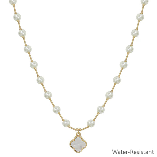 Water Resistant 6MM Pearl Beaded Chain with Clover 16"-18" Necklace