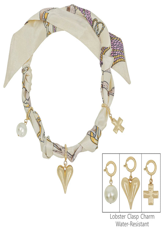 Cream/Natural Knotted Scarf Necklace with Puffy Heart,Open Cross, and Bow Charm