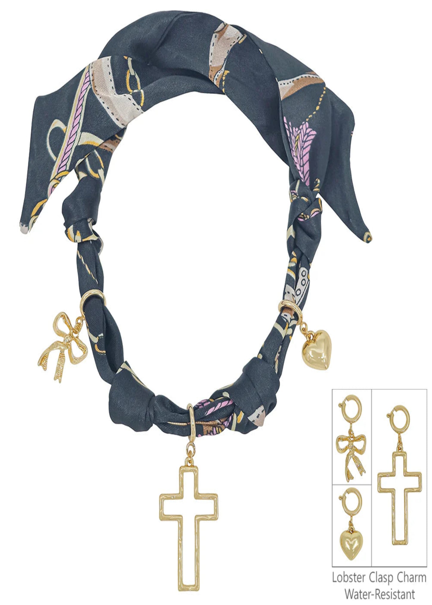 Black Knotted Scarf Necklace with Heart, Cross, and Pearl Charm