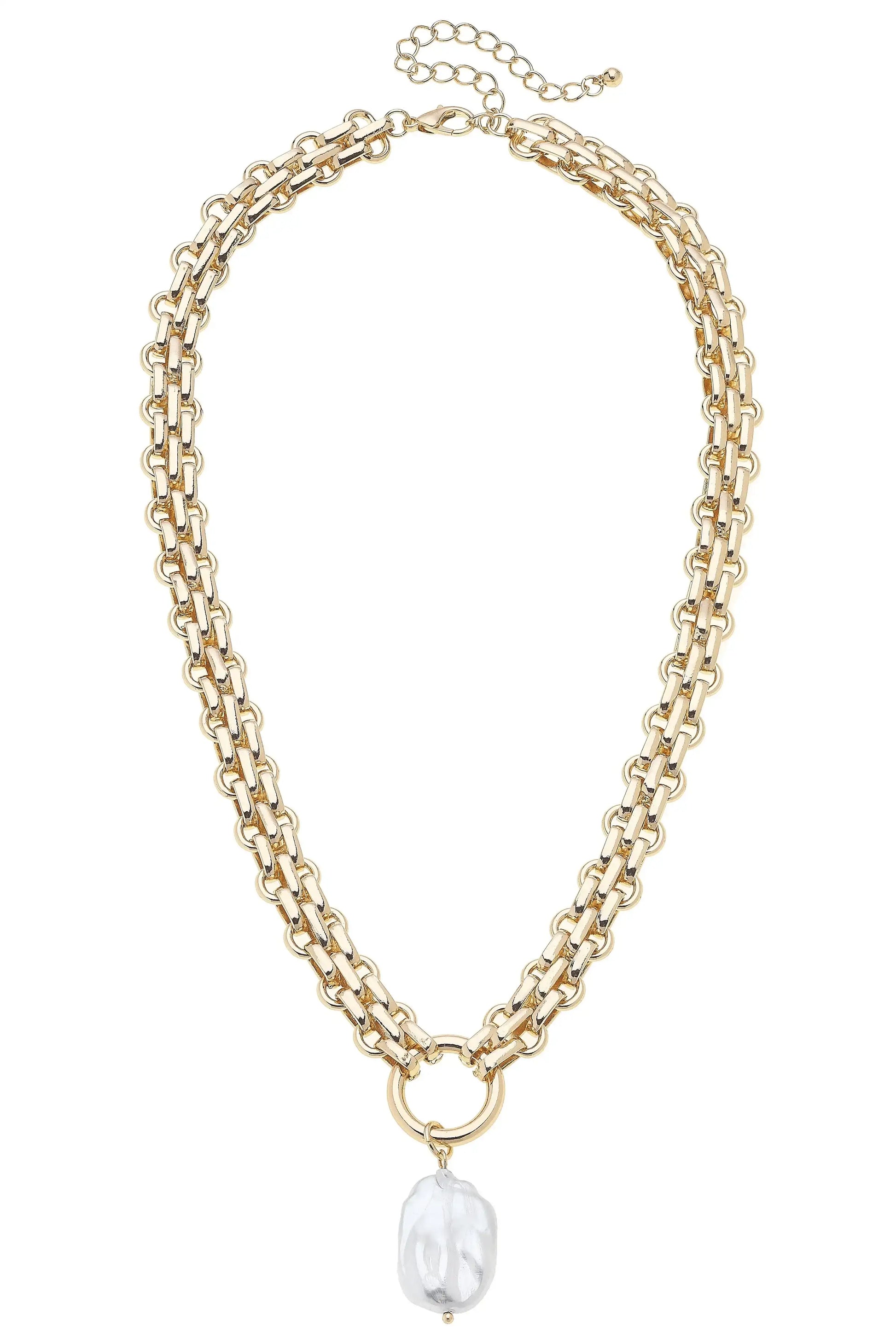 LUCILLE CHUNKY LINK PEARL NECKLACE - SHINY GOLD