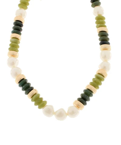 PEARL & RONDELLE BEADED NECKLACE - OLIVE/GOLD