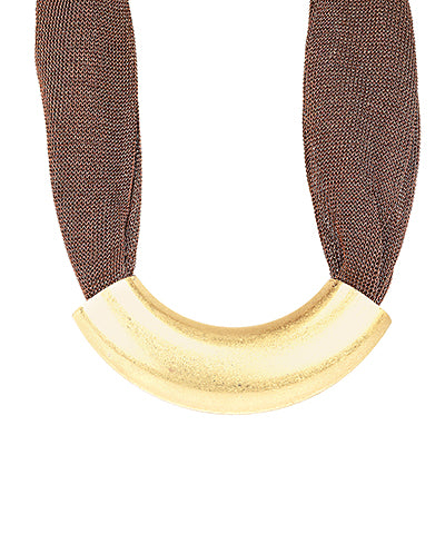 CURVED METAL TUBE & BROWN MESH NECKLACE