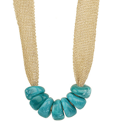 TRAPEZOID BEAD & MESH NECKLACE - TURQUOISE/GOLD