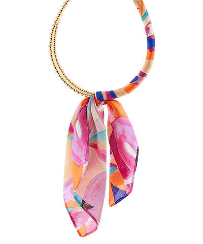 SILK SCARF WRAPPED COLLAR NECKLACE -FUCHSIA MULTI