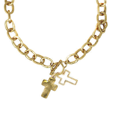 HAMMERED DOUBLE CROSS NECKLACE - WORN GOLD