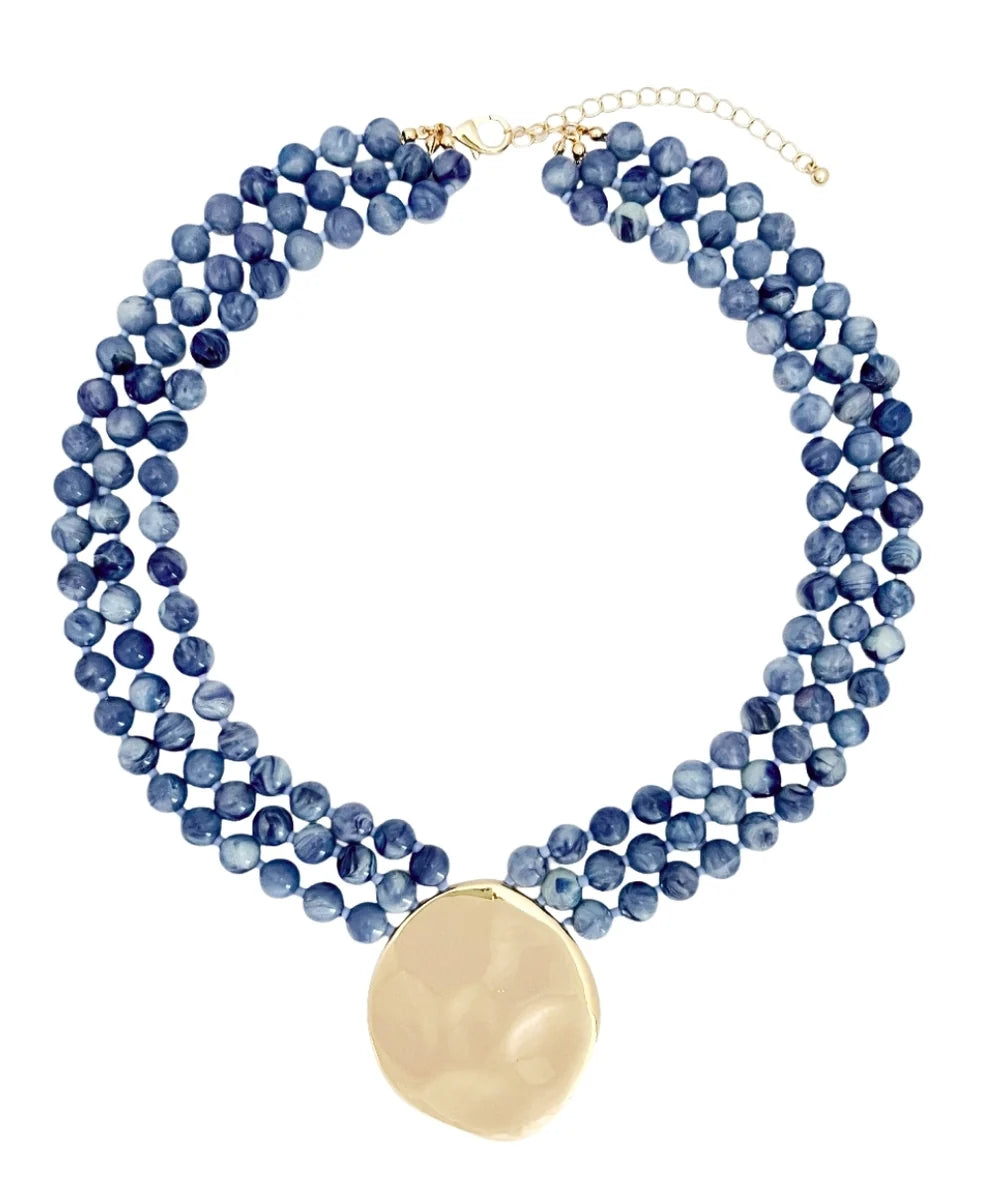 3 LAYERED ROUND BEAD NECKLACE - BLUE