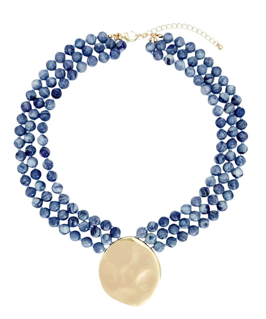 3 LAYERED ROUND BEAD NECKLACE - BLUE