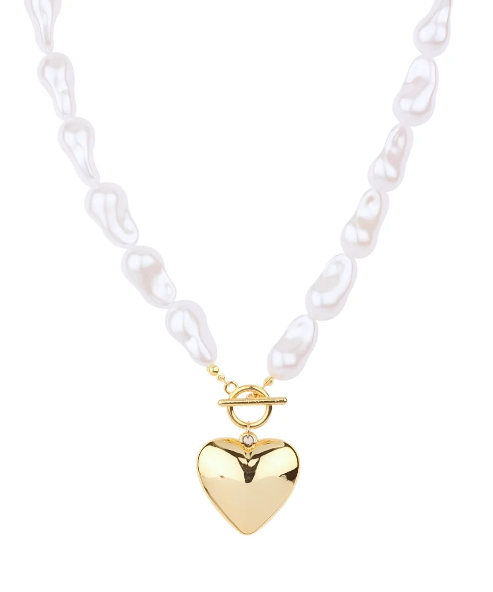 PUFFY HEART & BAROQUE PEARL NECKLACE